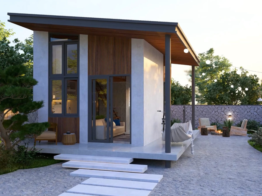 Tiny house 4x5 meters with blueprints featuring a very relaxing loft space