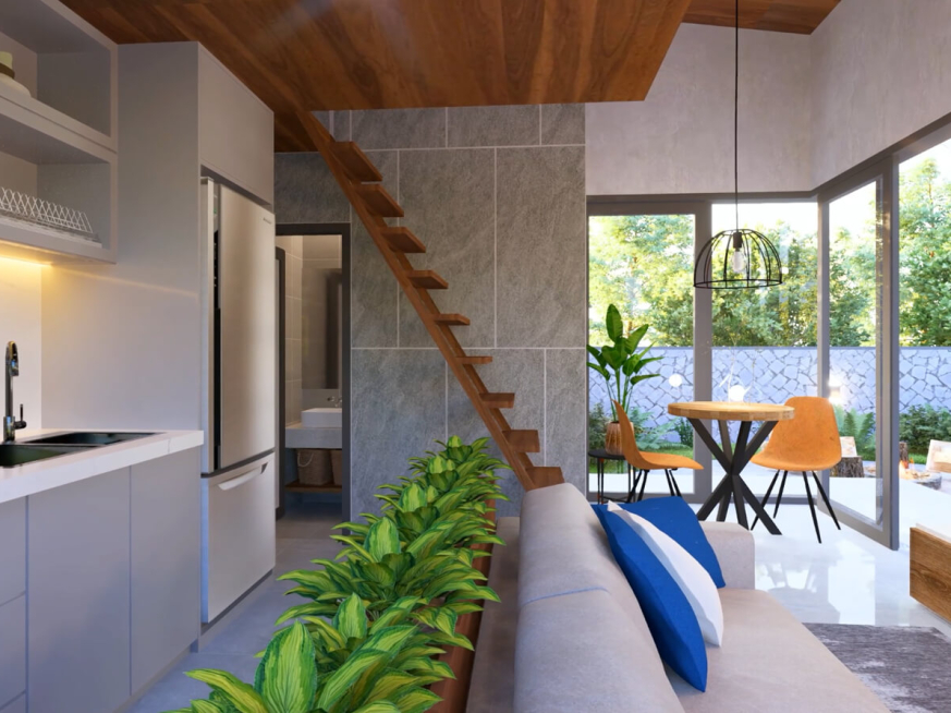 Tiny house 4x5 meters with blueprints featuring a very relaxing loft space