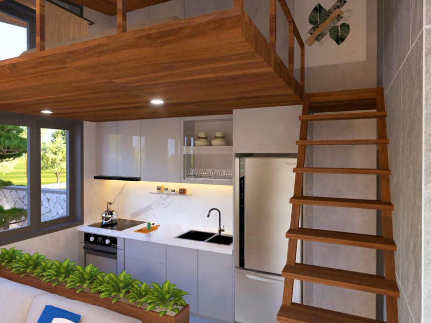 Tiny house 4x5 meters with blueprints featuring a very relaxing loft space