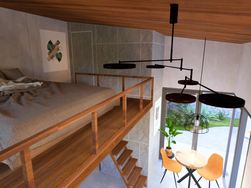 Tiny house 4x5 meters with blueprints featuring a very relaxing loft space