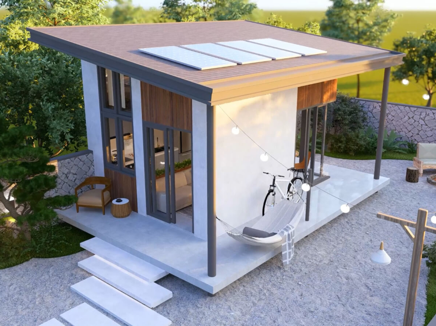 Tiny house 4x5 meters with blueprints featuring a very relaxing loft space